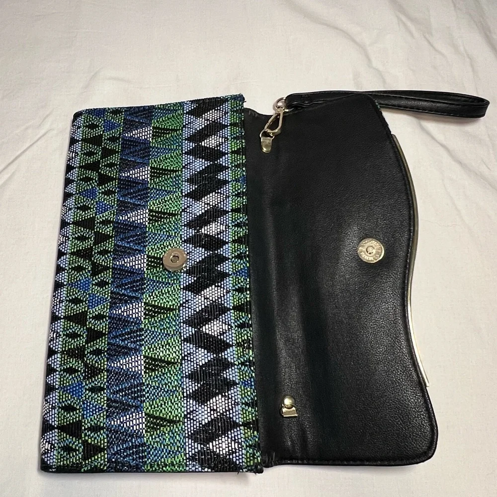Woven Clutch Bag Wristlet Blue/Green/Black‎ Geometric Abstract Pattern